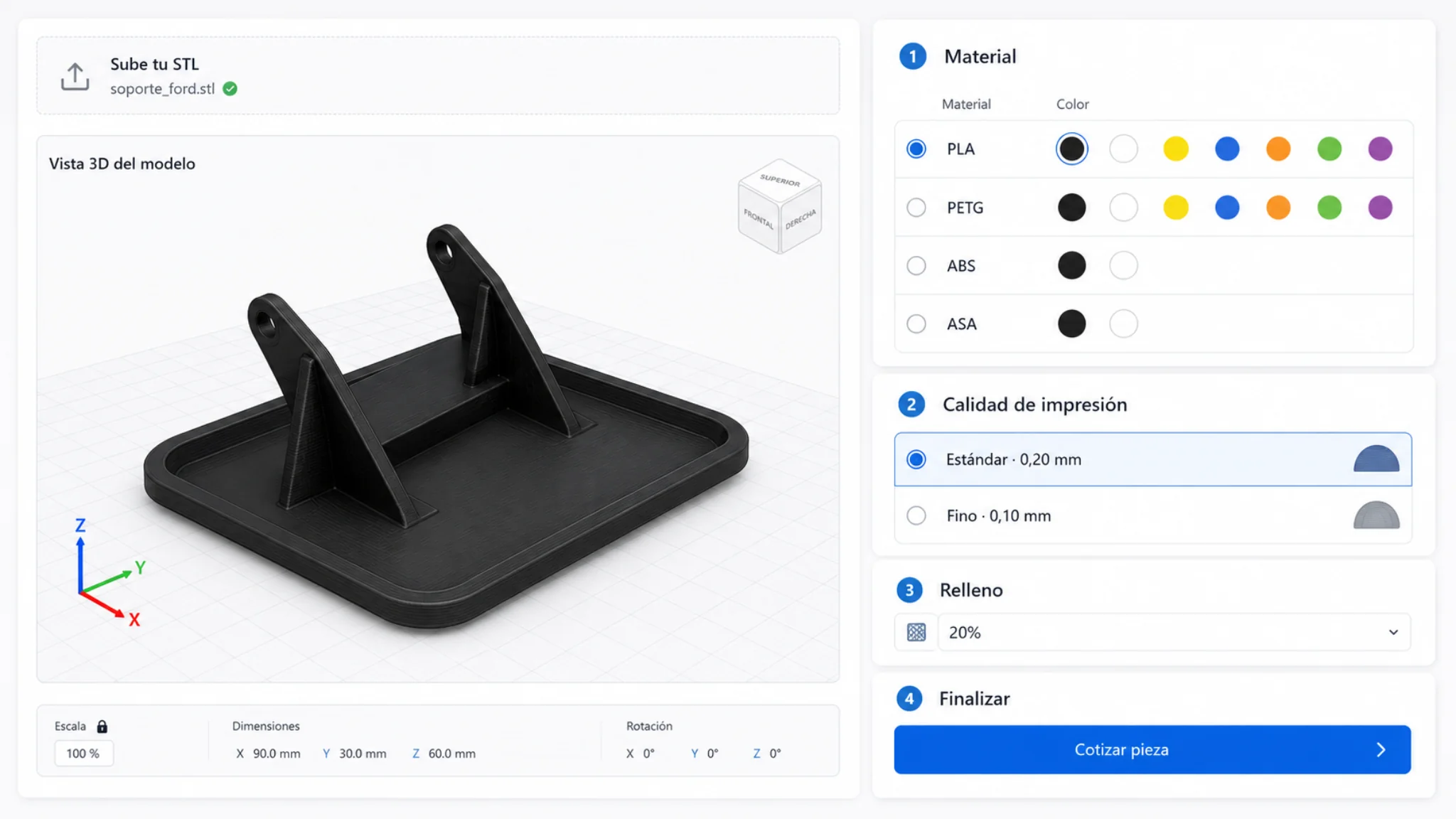 Cotizador online de impresión 3D para subir STL y configurar material