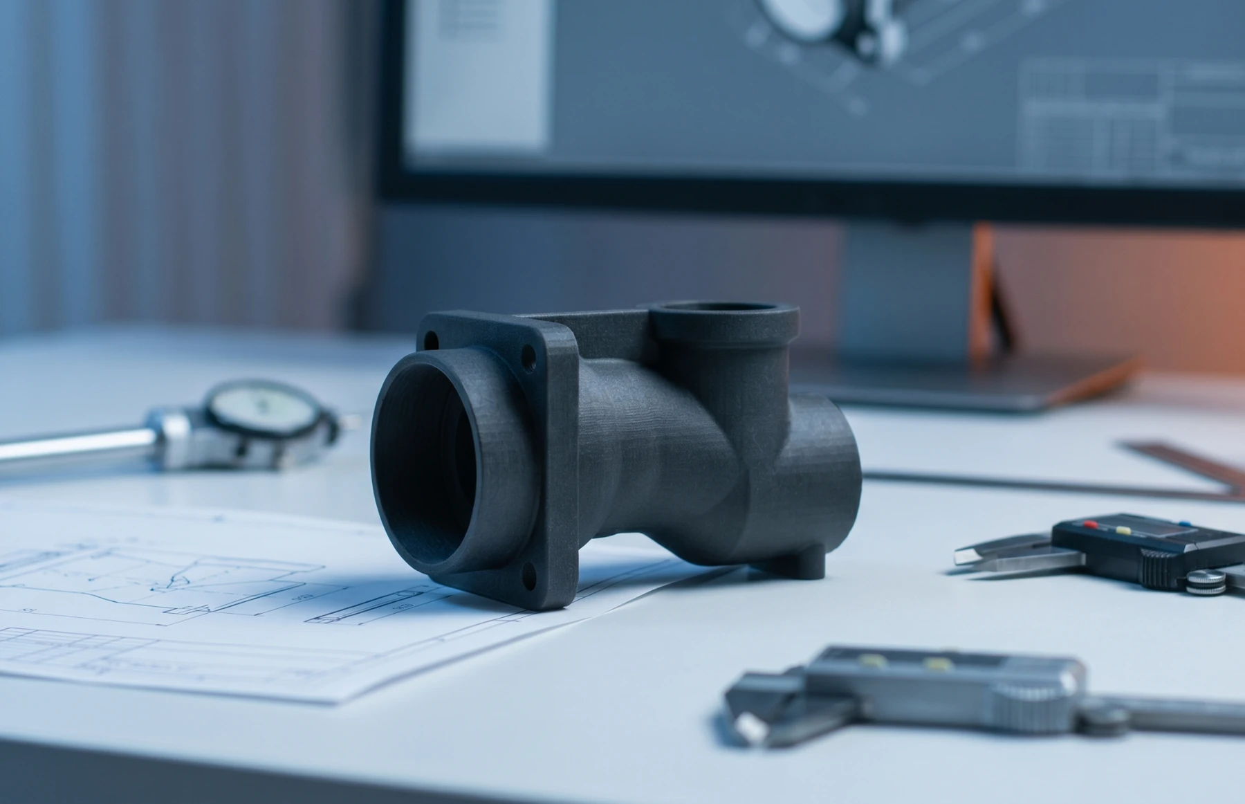 Pieza técnica FDM junto a su modelo CAD durante la revisión previa a fabricación