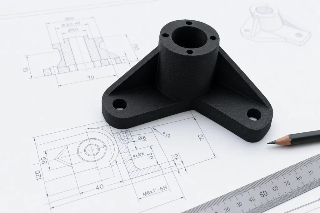 Peça FDM comparada com o seu desenho CAD durante a verificação dimensional