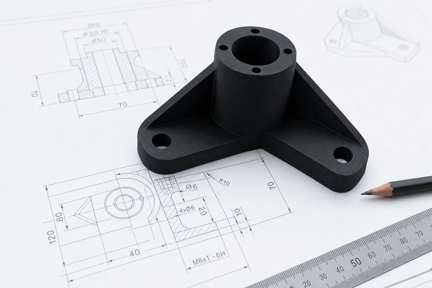 Pieza FDM contrastada contra su plano CAD durante la revisión técnica previa a fabricación