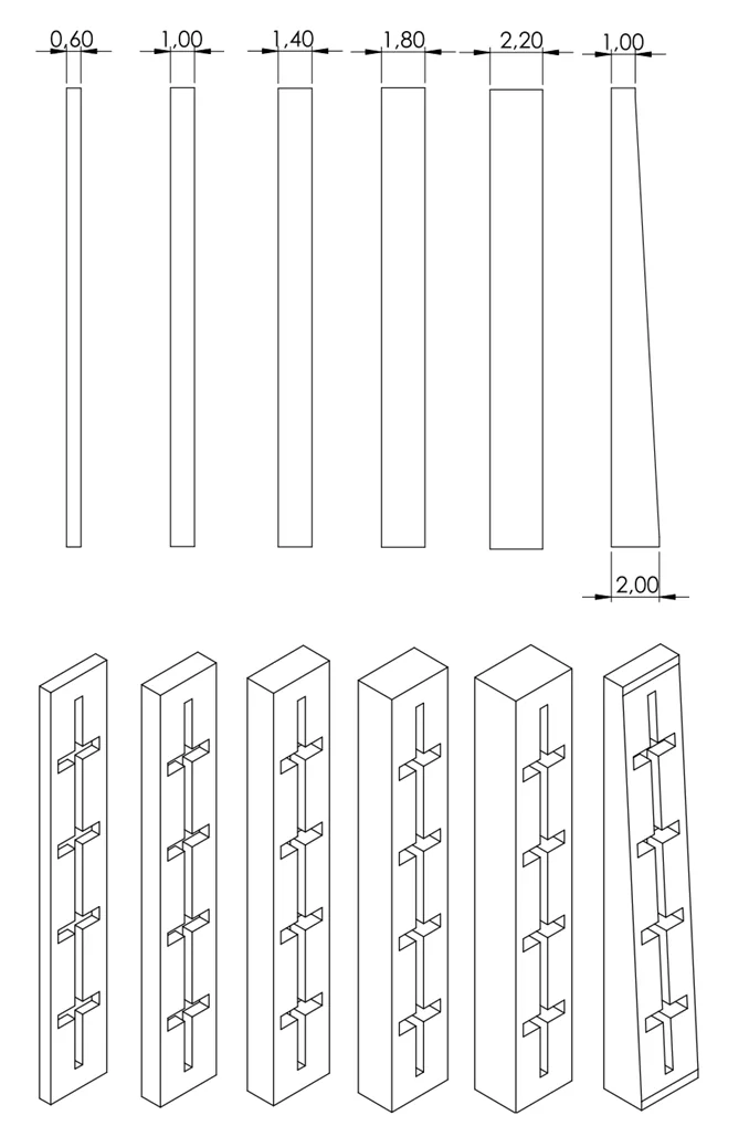 Los 6 espesores del Sistema LAP One con sus medidas: 0,6 · 1 · 1,4 · 1,8 · 2,2 mm y cuña